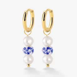 Flower Tile Pearl Hoop Set Small Gold