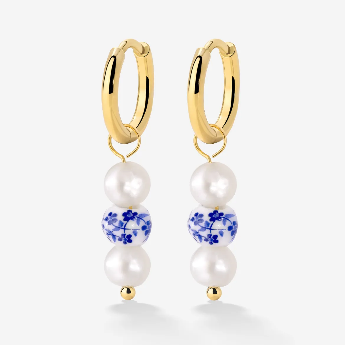 Flower Tile Pearl Hoop Set Small Gold
