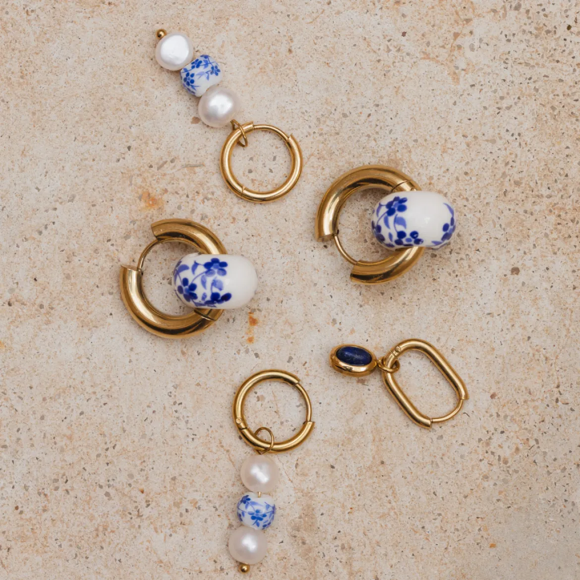 Flower Tile Pearl Hoop Set Small Roségold