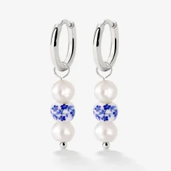 Flower Tile Pearl Hoop Set Small Silber