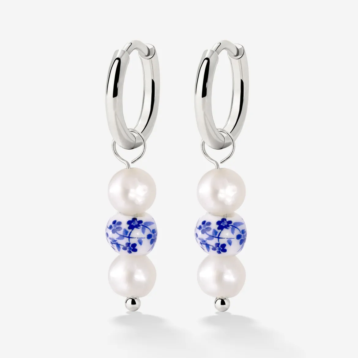 Flower Tile Pearl Hoop Set Small Silber