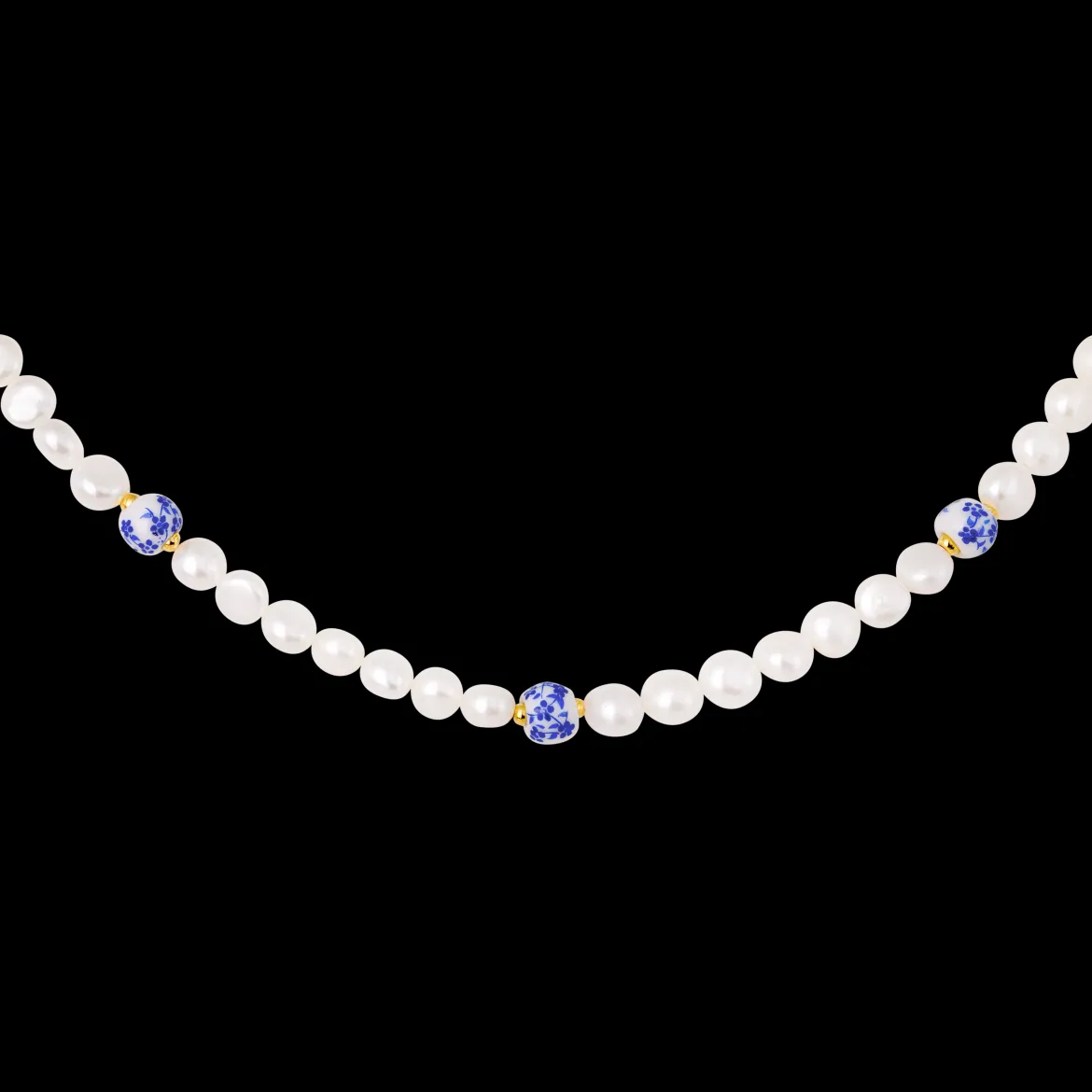 Flower Tile Pearl Necklace Gold