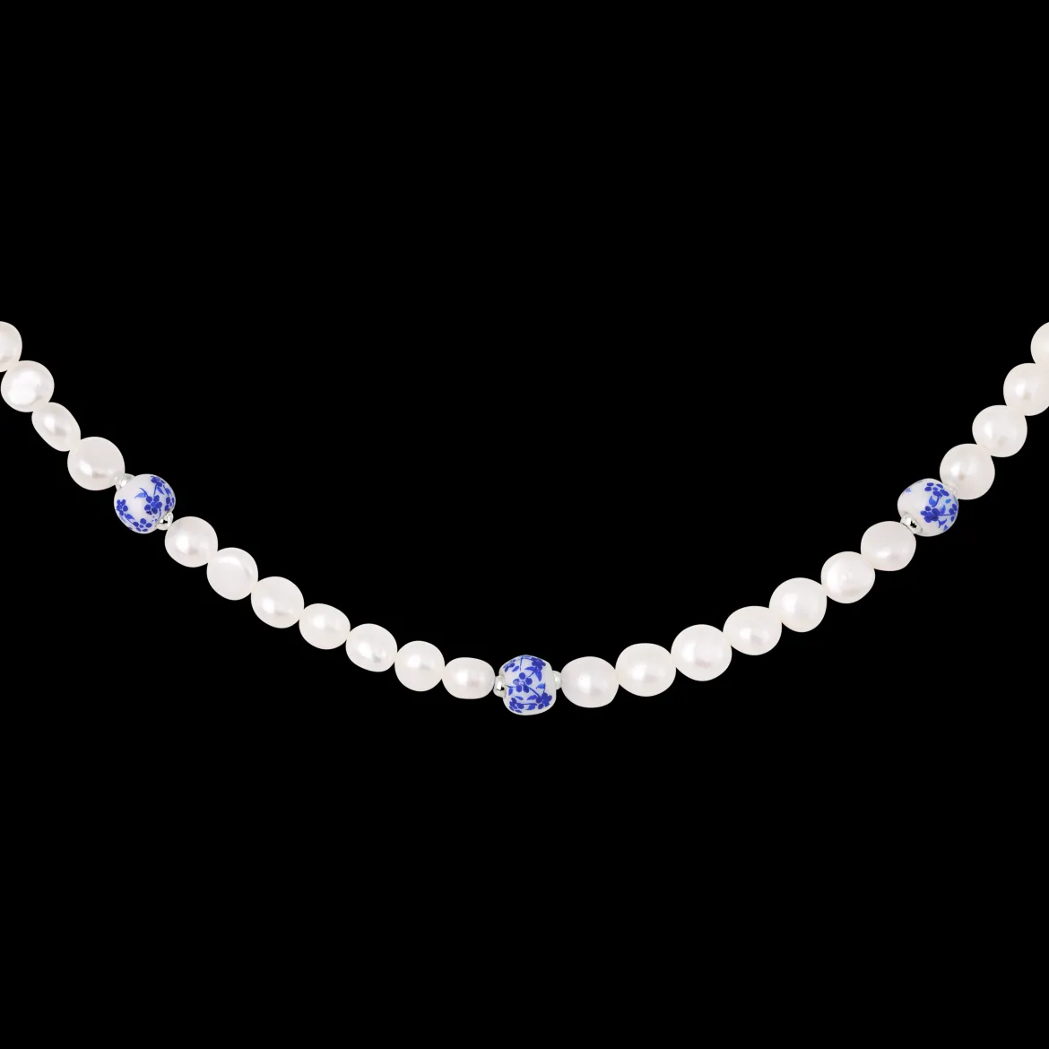 Flower Tile Pearl Necklace Silber