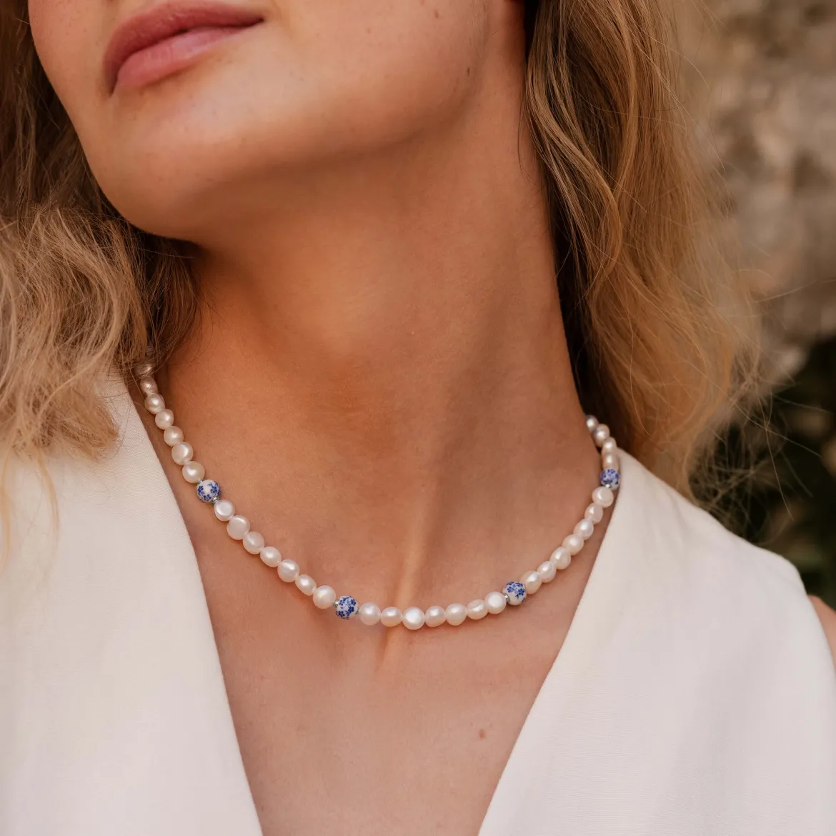 Flower Tile Pearl Necklace Silber