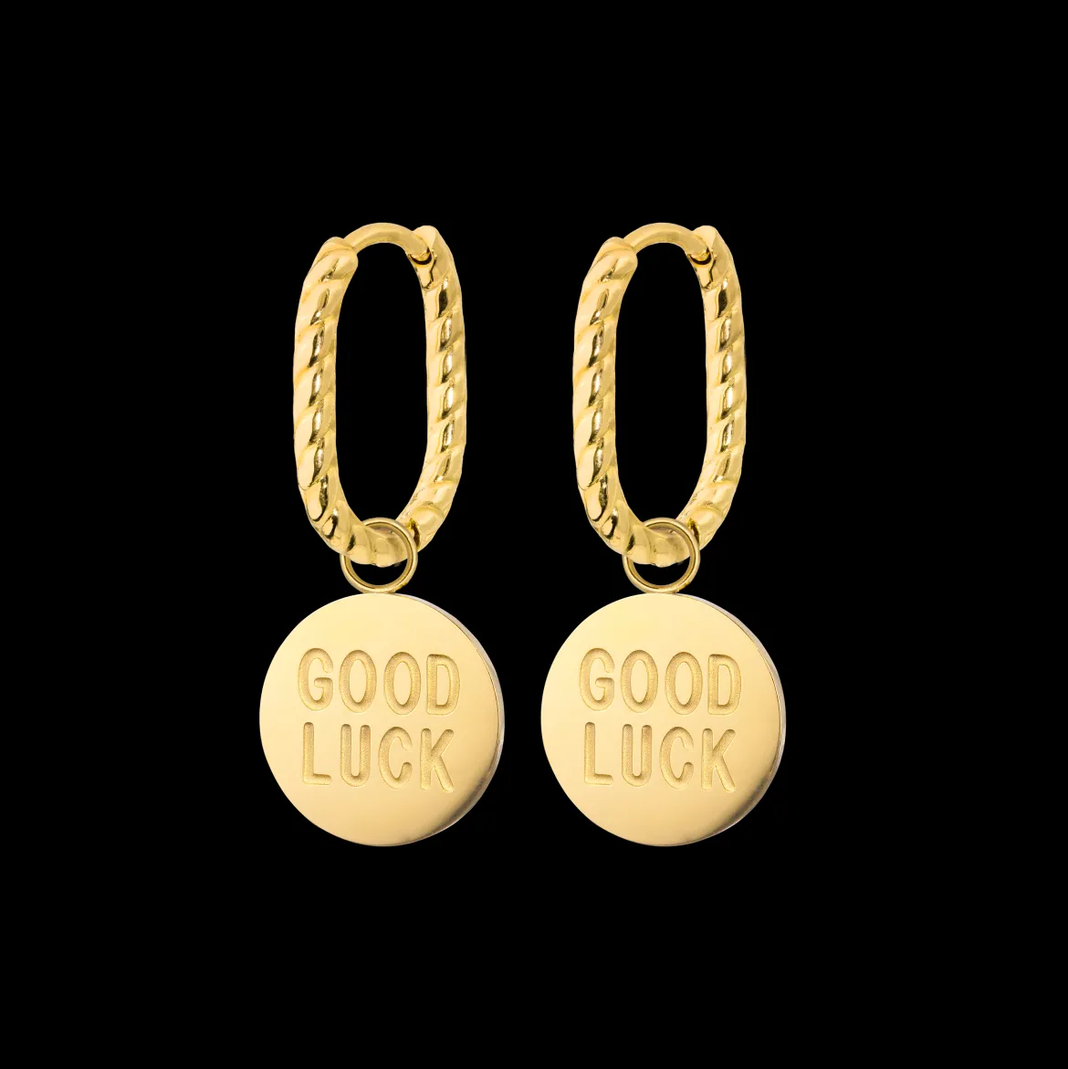 Good Luck Coin Oval Twisted Hoop Set Baby Gold