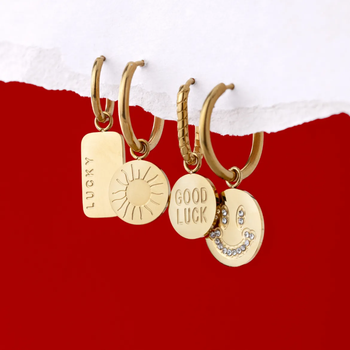 Good Luck Coin Oval Twisted Hoop Set Baby Gold