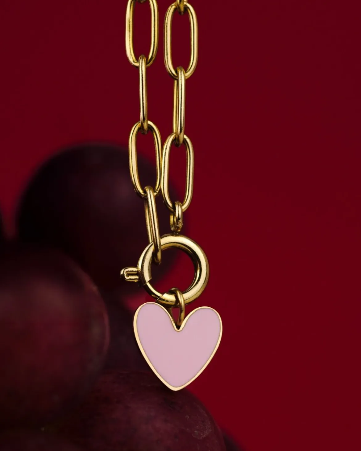 Pink Heart Oval Links Necklace Set Gold