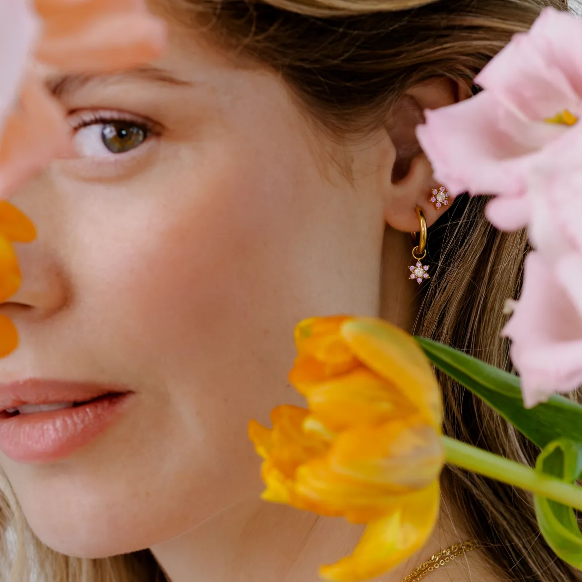 Pink Petal Hoop Set Small Gold