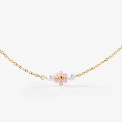 Pretty Pink Daisy Necklace Gold