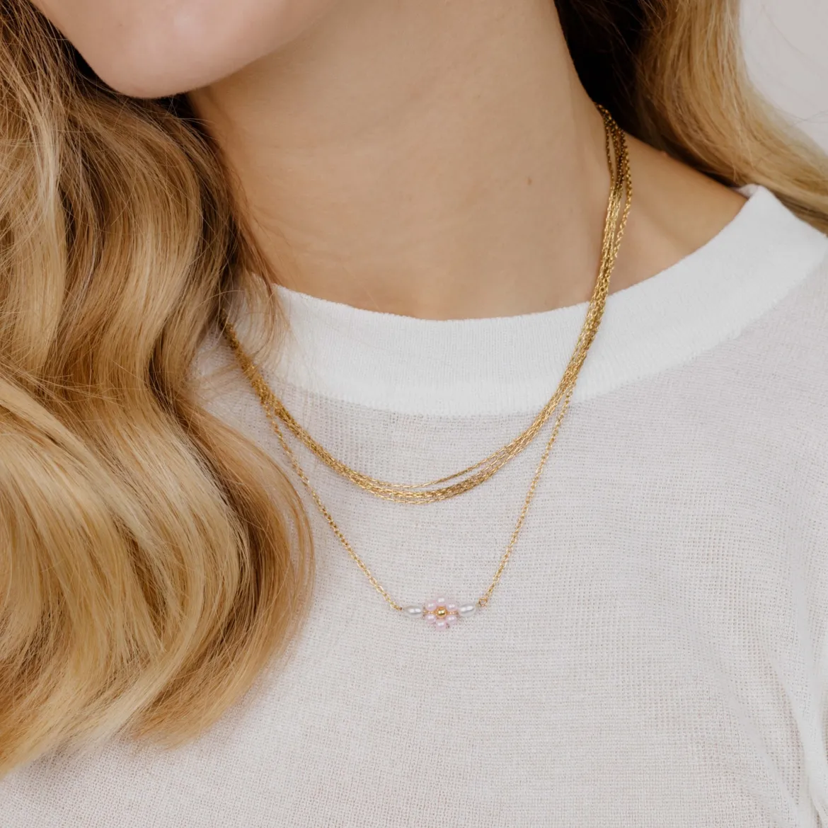 Pretty Pink Daisy Necklace Gold