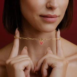 Red Heart Oval Links Necklace Set Gold