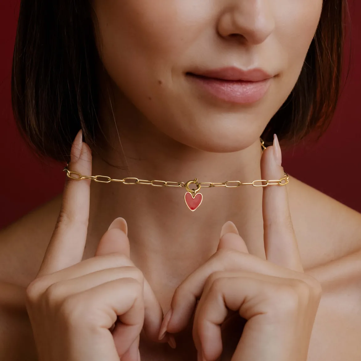 Red Heart Oval Links Necklace Set Gold