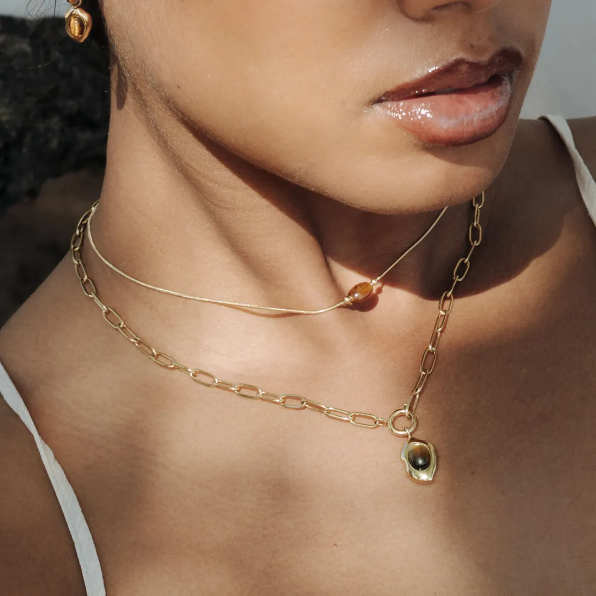 Tiger's Eye Oval Links Necklace Set Gold